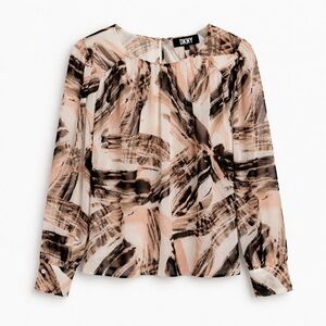 NWT DKNY Women's Brushstroke Blouse - Long Sleeve Pink/Ivory/Gold/Sand - Medium
